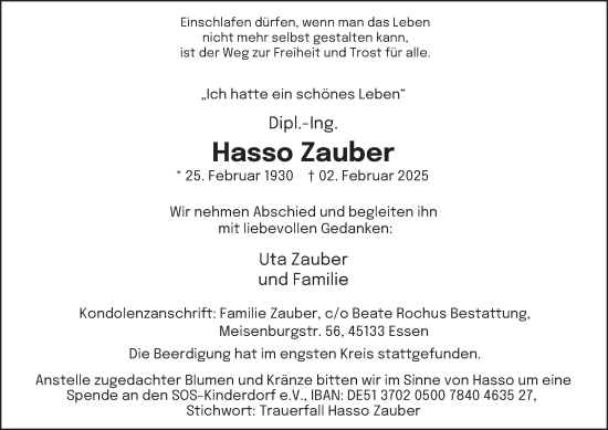 Traueranzeige von Hasso Zauber von Tageszeitung