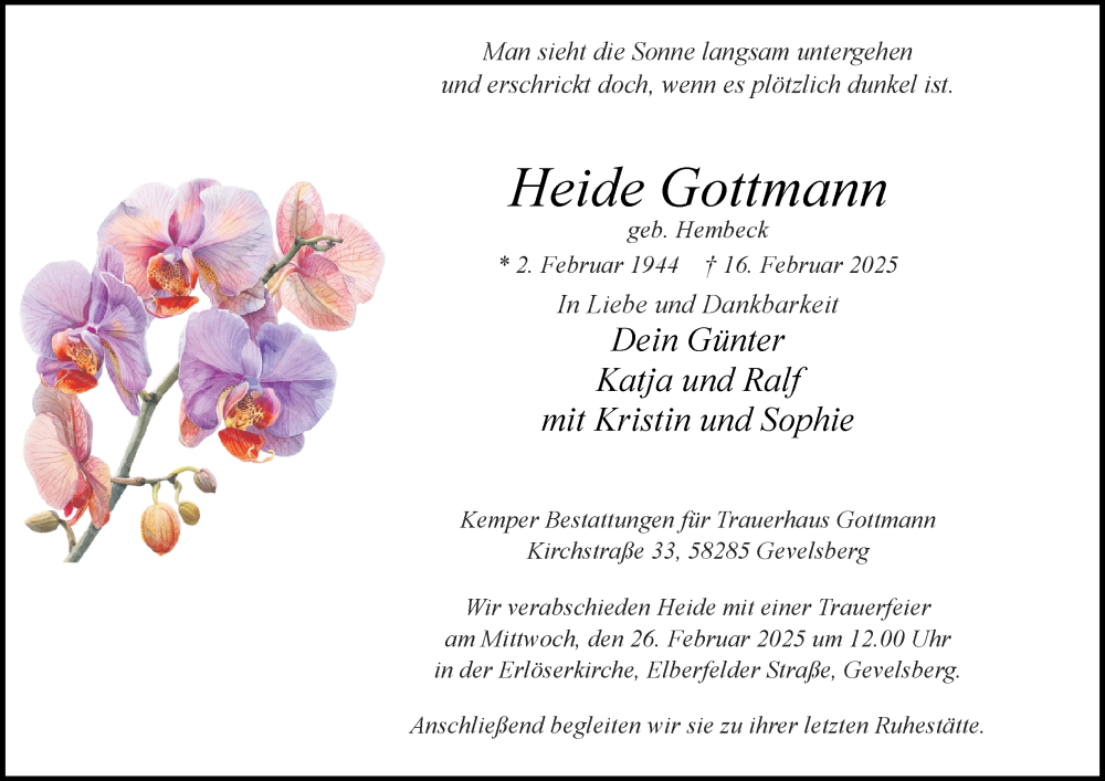  Traueranzeige für Heide Gottmann vom 22.02.2025 aus Tageszeitung