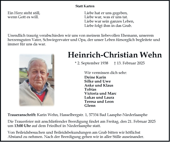 Traueranzeige von Heinrich-Christian Wehn von Tageszeitung