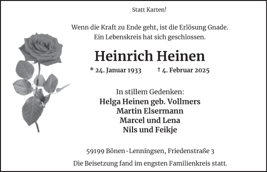 Traueranzeige von Heinrich Heinen von Tageszeitung