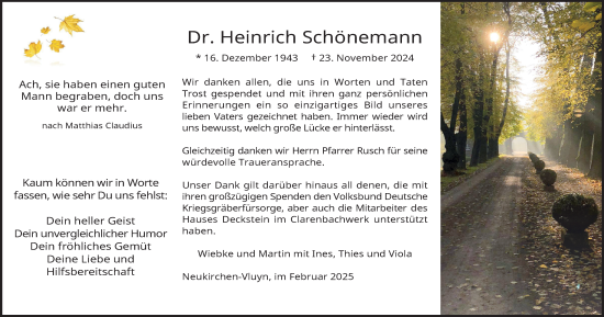 Traueranzeige von Heinrich Schönemann von Tageszeitung