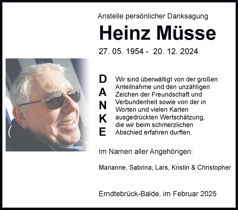 Traueranzeige für Heinz Müsse vom 22.02.2025 aus Tageszeitung
