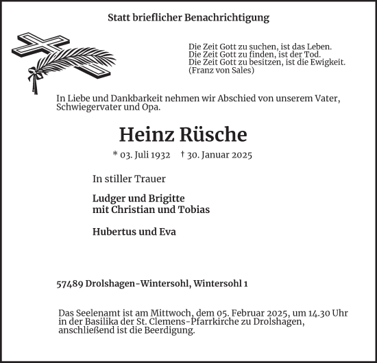 Traueranzeige von Heinz Rüsche von Tageszeitung