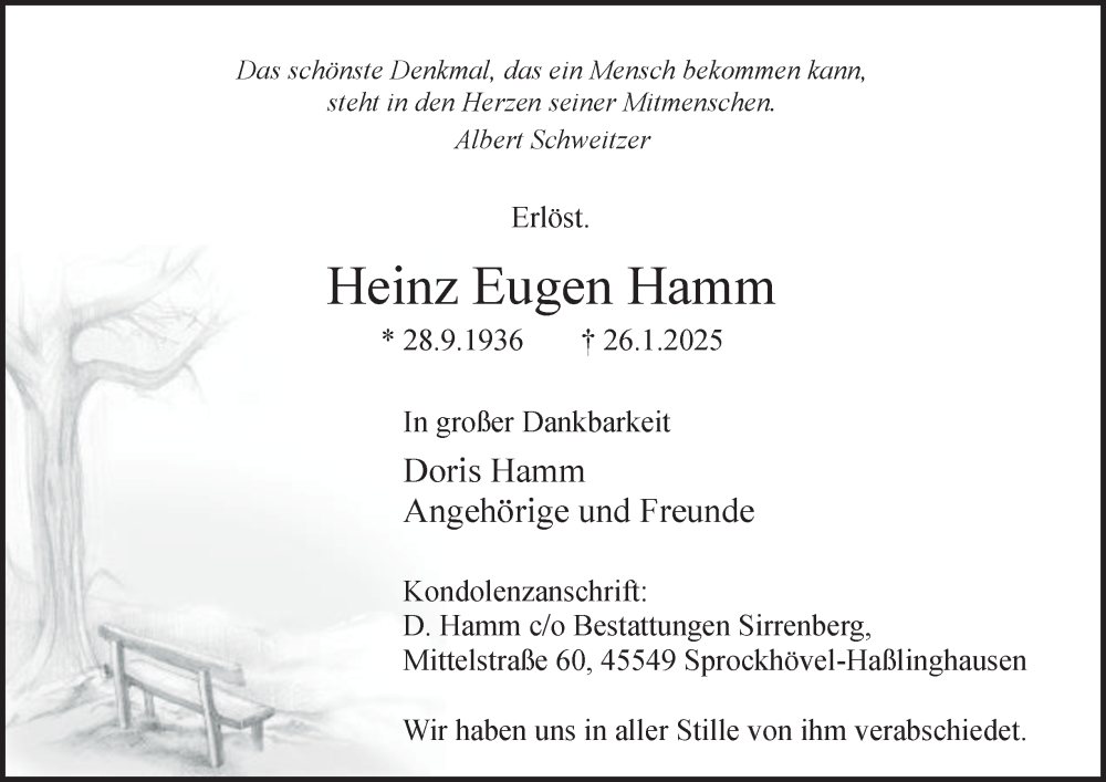  Traueranzeige für Heinz Eugen Hamm vom 15.02.2025 aus Tageszeitung