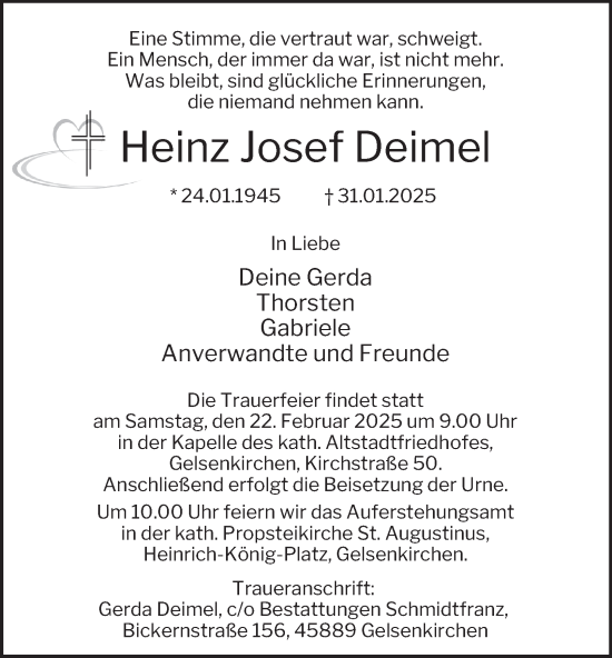 Traueranzeige von Heinz Josef Deimel von Tageszeitung