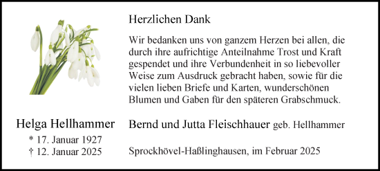 Traueranzeige von Helga Hellhammer von Tageszeitung