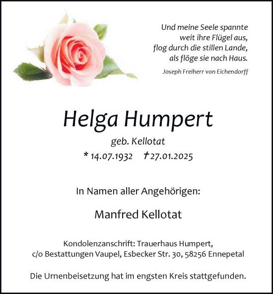 Traueranzeige von Helga Humpert von Tageszeitung