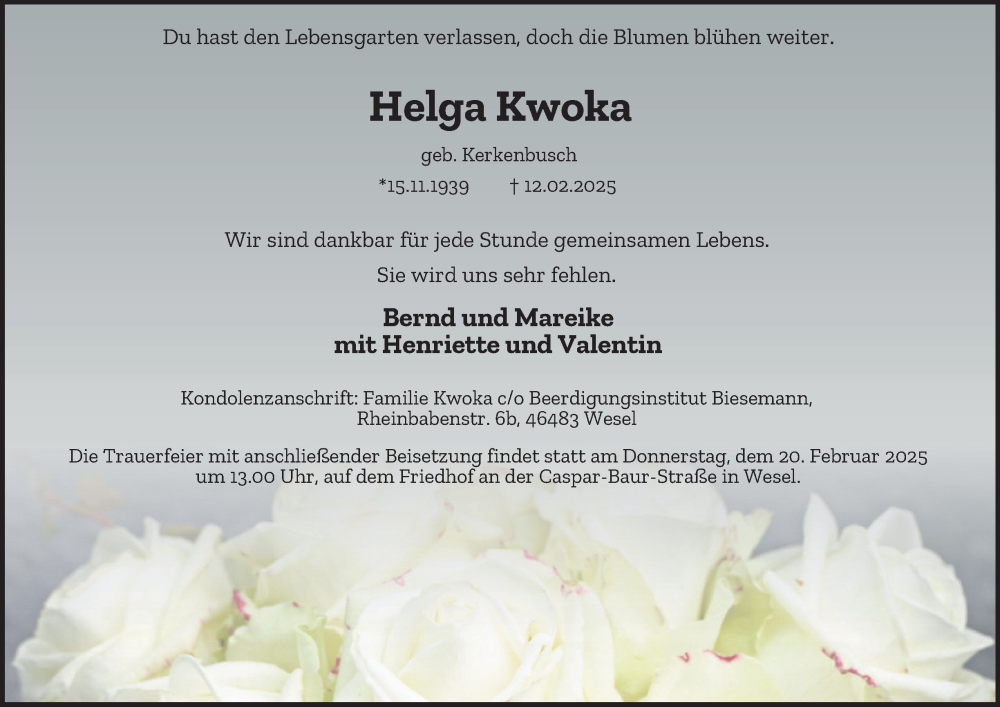  Traueranzeige für Helga Kwoka vom 15.02.2025 aus Tageszeitung