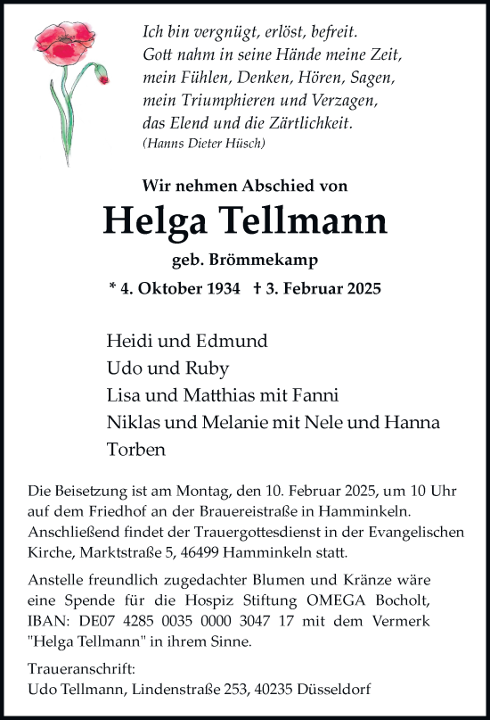 Traueranzeige von Helga Tellmann von Tageszeitung
