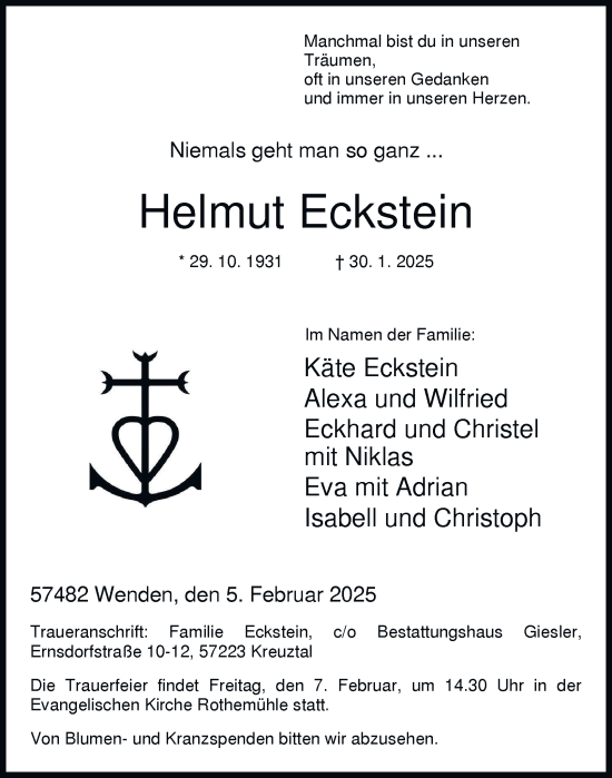 Traueranzeige von Helmut Eckstein von Tageszeitung