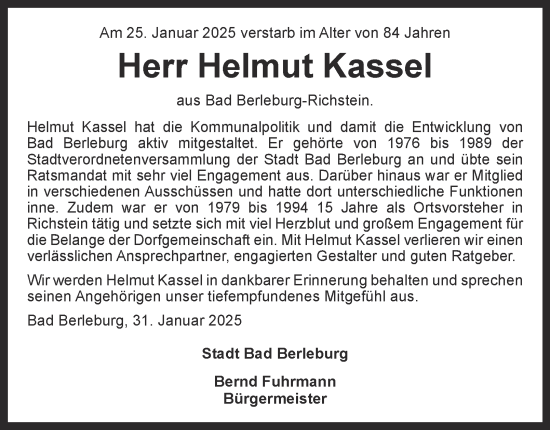 Traueranzeige von Helmut Kassel von Tageszeitung