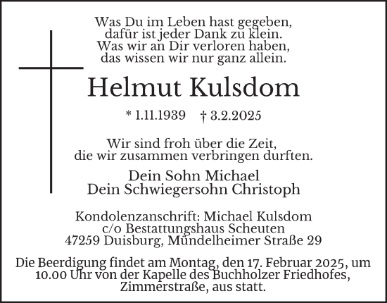 Traueranzeige von Helmut Kulsdom von Tageszeitung