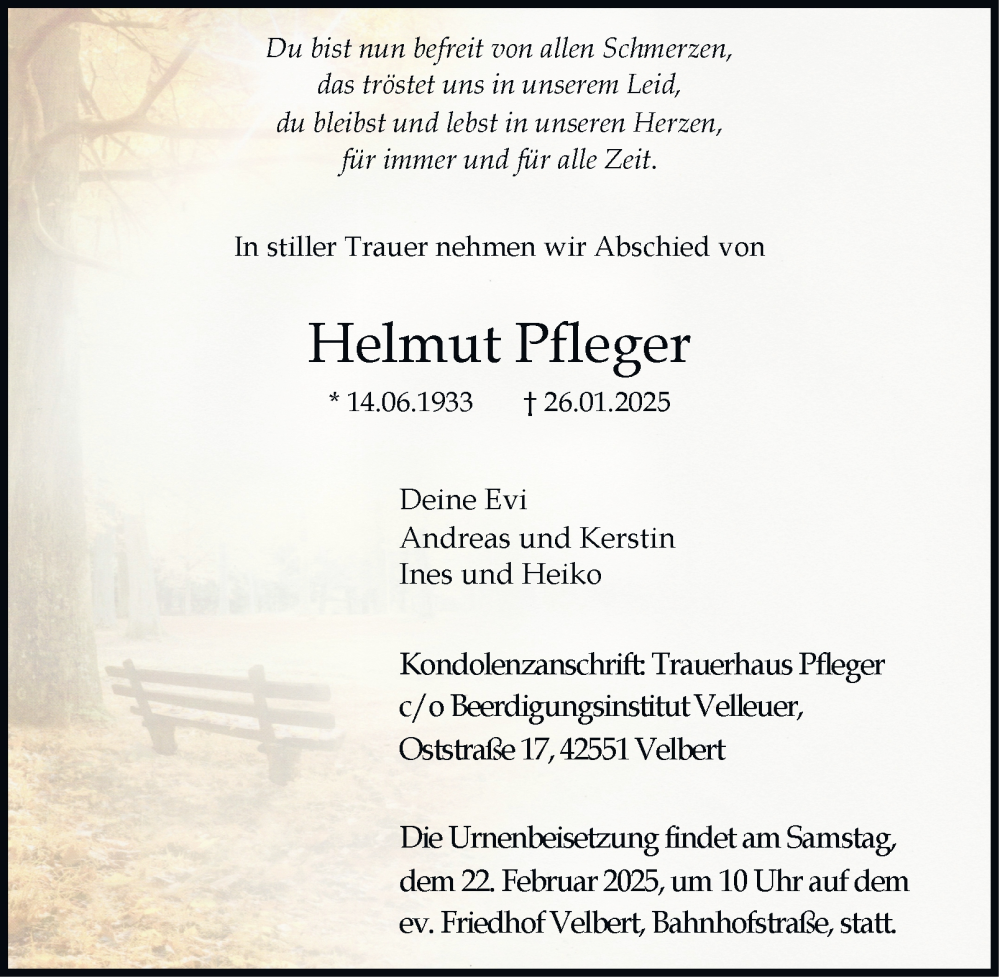  Traueranzeige für Helmut Pfleger vom 08.02.2025 aus Tageszeitung