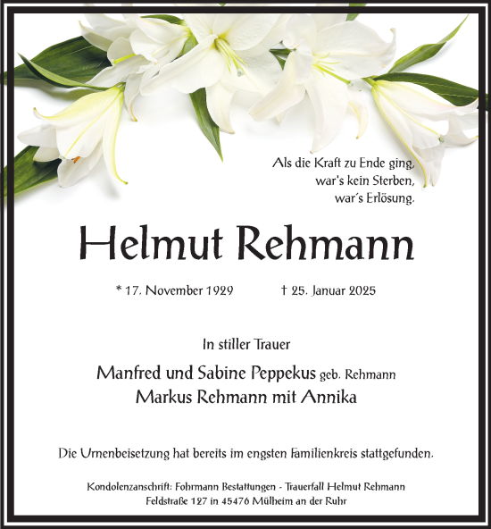 Traueranzeige von Helmut Rehmann von Tageszeitung