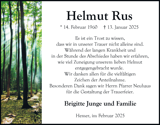 Traueranzeige von Helmut Rus von Tageszeitung