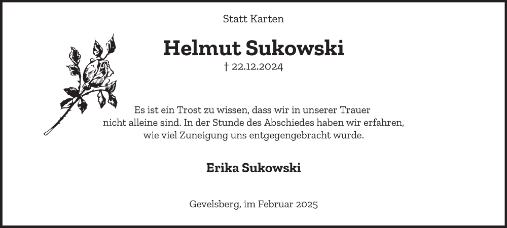  Traueranzeige für Helmut Sukowski vom 08.02.2025 aus Tageszeitung