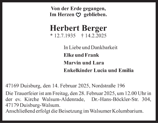 Traueranzeige von Herbert Berger von Tageszeitung