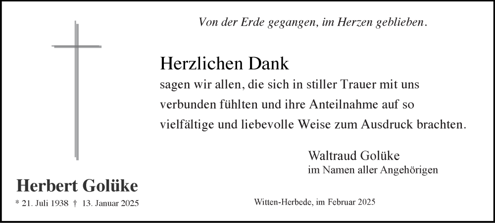 Traueranzeige für Herbert Golüke vom 22.02.2025 aus Tageszeitung