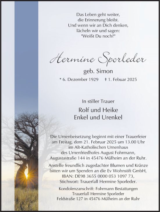 Traueranzeige von Hermine Sporleder von Tageszeitung