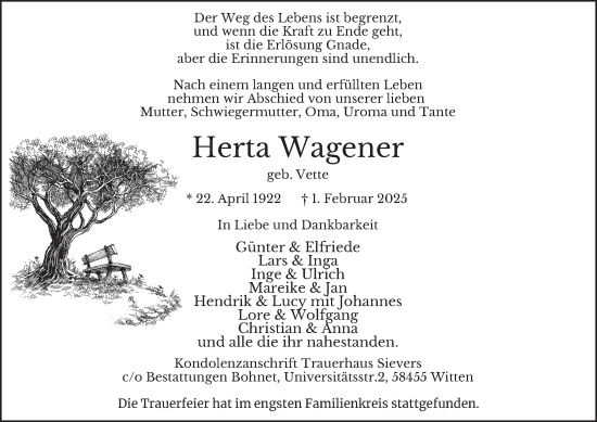 Traueranzeige von Herta Wagener von Tageszeitung