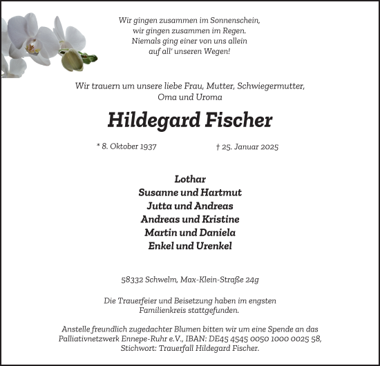 Traueranzeige von Hildegard Fischer von Tageszeitung