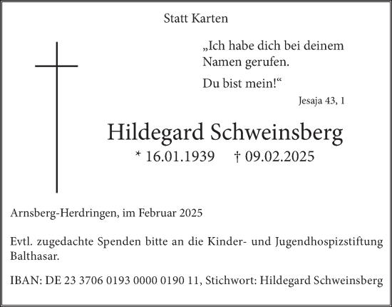 Traueranzeige von Hildegard Schweinsberg von Tageszeitung