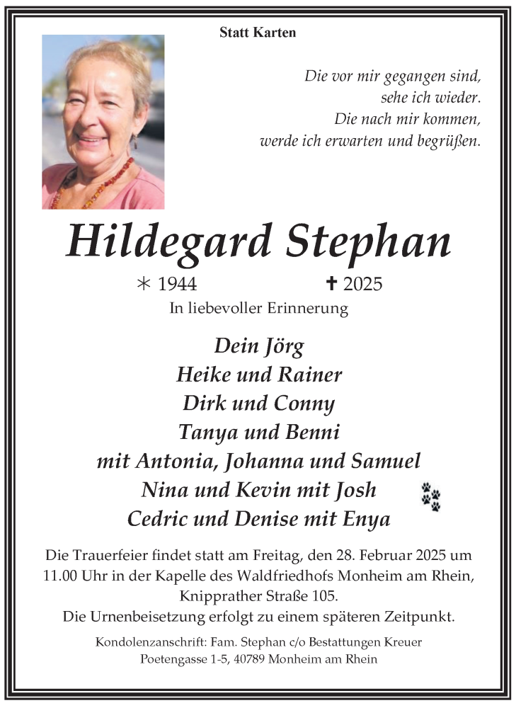  Traueranzeige für Hildegard Stephan vom 22.02.2025 aus Tageszeitung