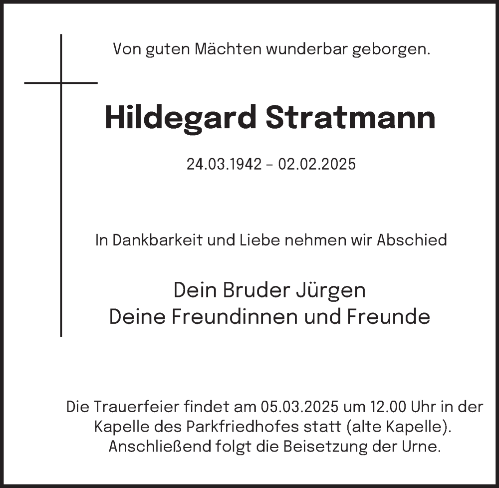  Traueranzeige für Hildegard Stratmann vom 14.02.2025 aus Tageszeitung