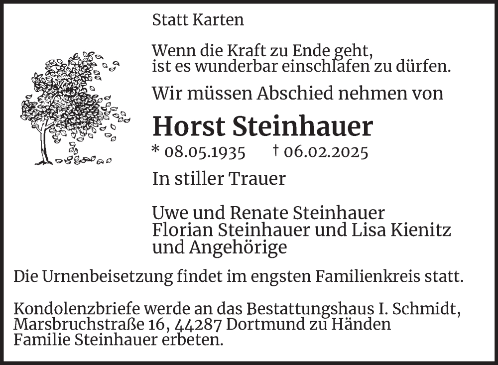  Traueranzeige für Horst Steinhauer vom 15.02.2025 aus Tageszeitung