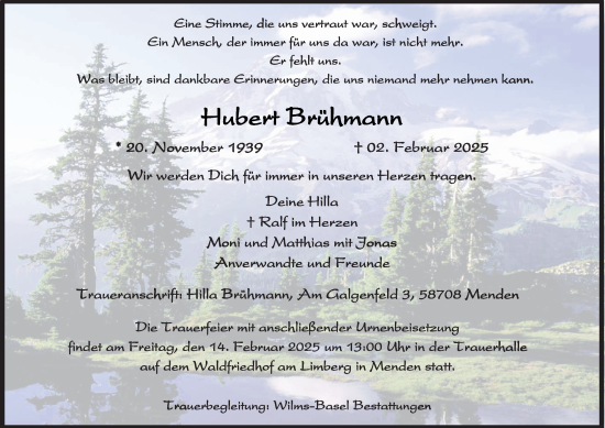 Traueranzeige von Hubert Brühmann von Tageszeitung