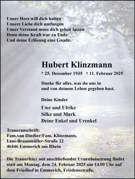 Traueranzeige von Hubert Klinzmann von Tageszeitung