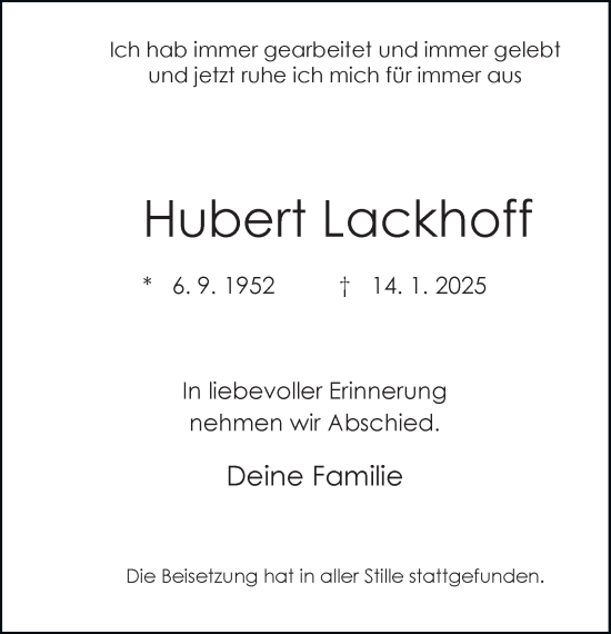 Traueranzeige von Hubert Lackhoff von Tageszeitung