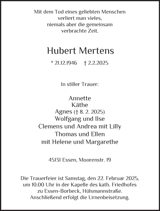 Traueranzeige von Hubert Mertens von Tageszeitung