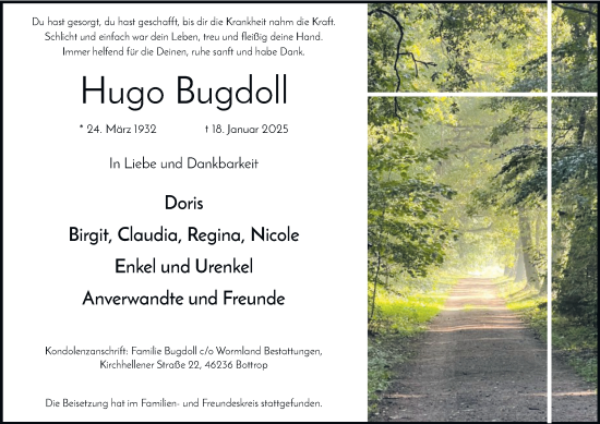 Traueranzeige von Hugo Bugdoll von Tageszeitung