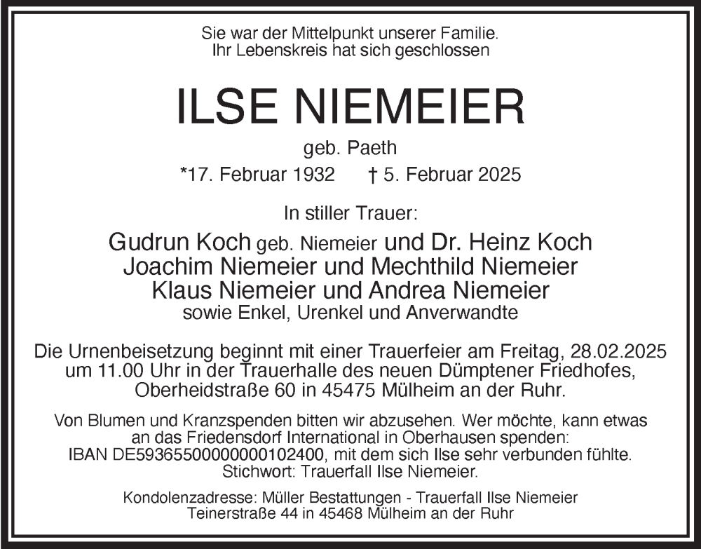  Traueranzeige für Ilse Niemeier vom 22.02.2025 aus Tageszeitung