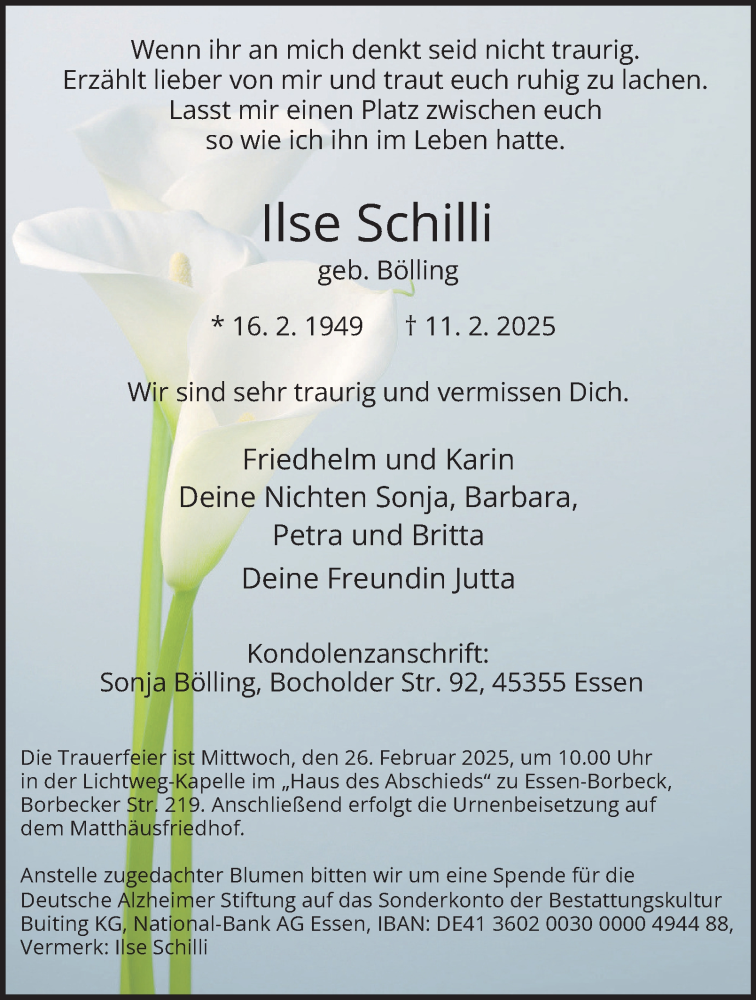  Traueranzeige für Ilse Schilli vom 22.02.2025 aus Tageszeitung