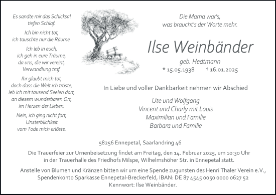 Traueranzeige von Ilse Weinbänder von Tageszeitung