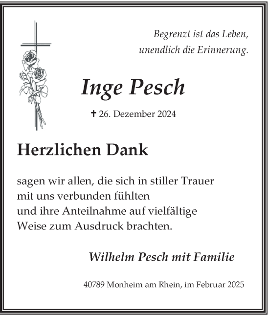 Traueranzeige von Inge Pesch von Tageszeitung