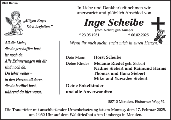 Traueranzeige von Inge Scheibe von Tageszeitung