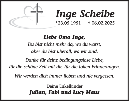 Traueranzeige von Inge Scheibe von Tageszeitung