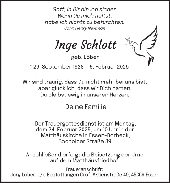 Traueranzeige von Inge Schlott von Tageszeitung