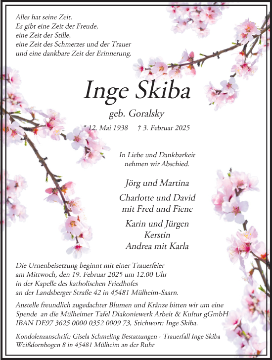 Traueranzeige von Inge Skiba von Tageszeitung