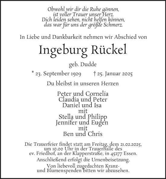 Traueranzeige von Ingeburg Rückel von Tageszeitung