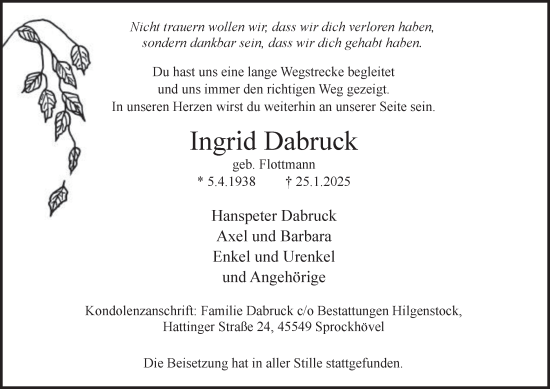 Traueranzeige von Ingrid Dabruck von Tageszeitung