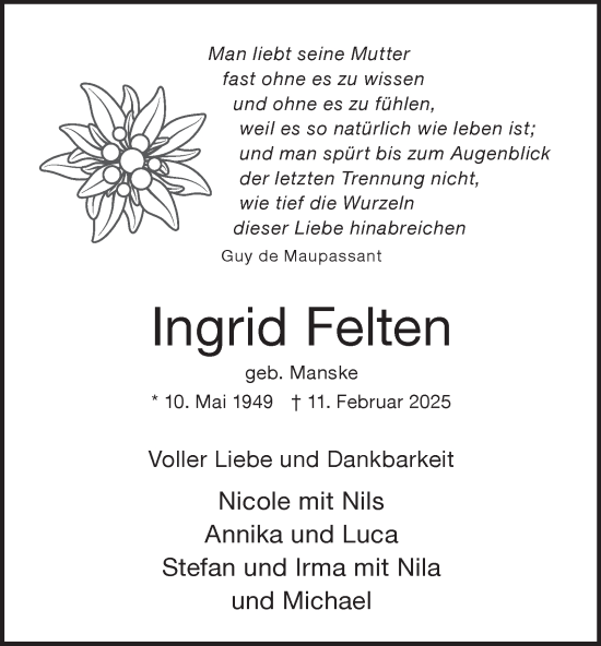 Traueranzeige von Ingrid Felten von Tageszeitung