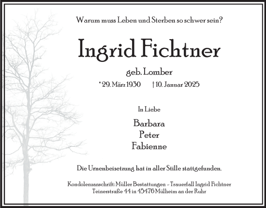 Traueranzeige von Ingrid Fichtner von Tageszeitung