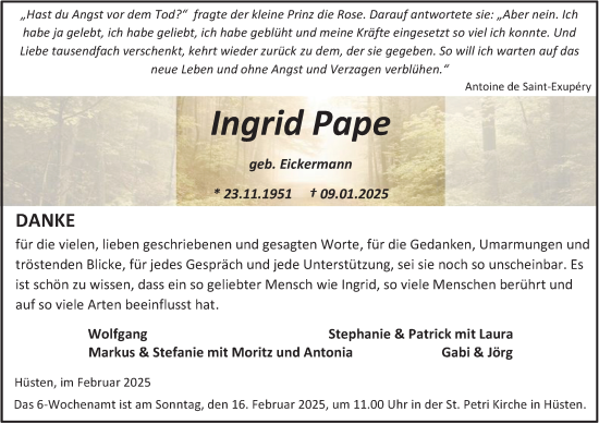 Traueranzeige von Ingrid Pape von Tageszeitung