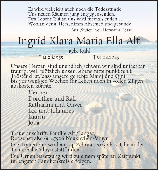 Traueranzeige von Ingrid Klara Maria Ella Alt von Tageszeitung