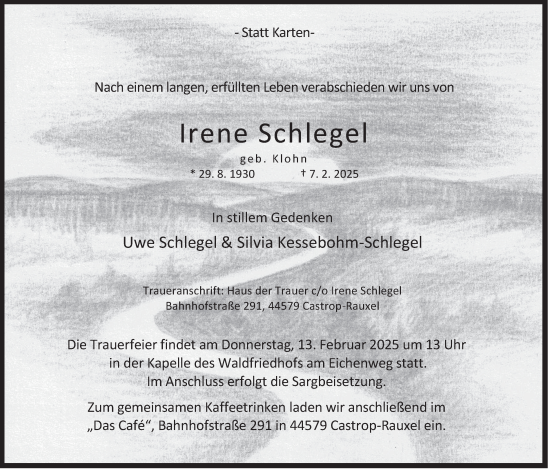Traueranzeige von Irene Schlegel von Tageszeitung