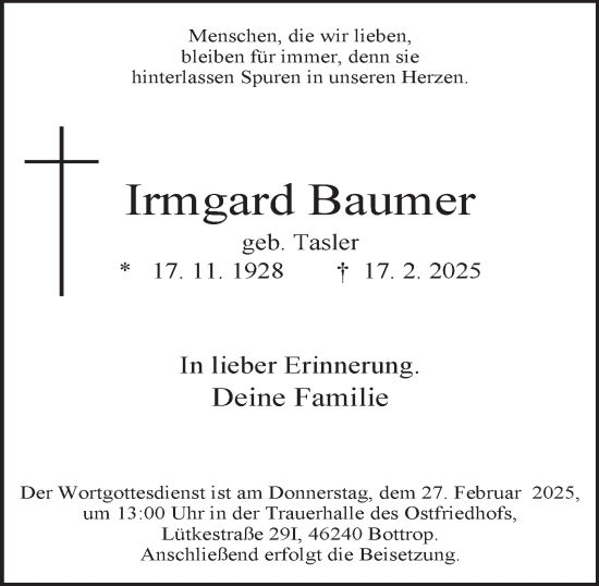 Traueranzeige von Irmgard Baumer von Tageszeitung